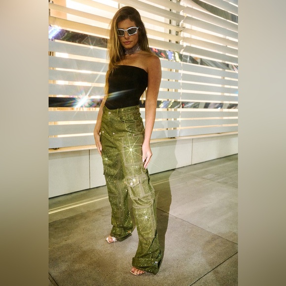 AKIRA Pants - AKIRA Rhinestone Olive Wide Leg Pants